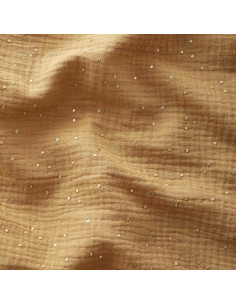 Tejido de doble gasa de algodón con mini lunares dorados - Camel