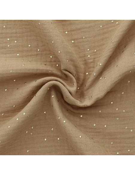Tejido de doble gasa de algodón con mini lunares dorados - Camel