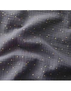 Tejido de doble gasa de algodón con mini lunares dorados - Gris oscuro
