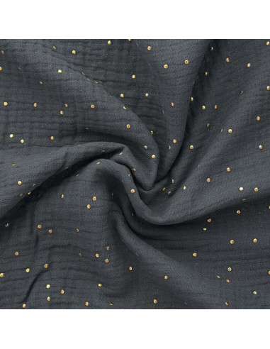 Tejido de doble gasa de algodón con mini lunares dorados - Gris oscuro