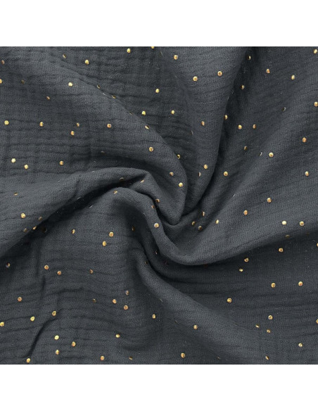 Tejido de doble gasa de algodón con mini lunares dorados - Gris oscuro
