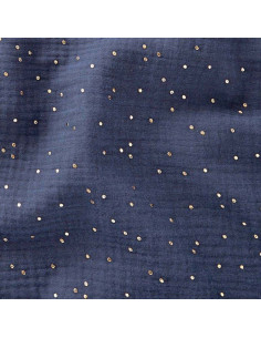 Tejido de doble gasa de algodón con mini lunares dorados - Índigo