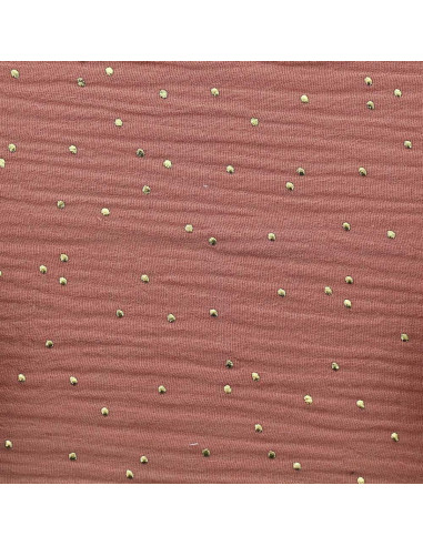 Tejido de doble gasa de algodón con mini lunares dorados - Marsala