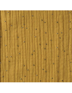 Tejido de doble gasa de algodón con mini lunares dorados - Mostaza