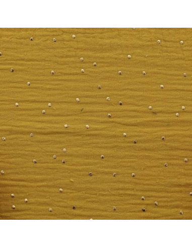 Tejido de doble gasa de algodón con mini lunares dorados - Mostaza