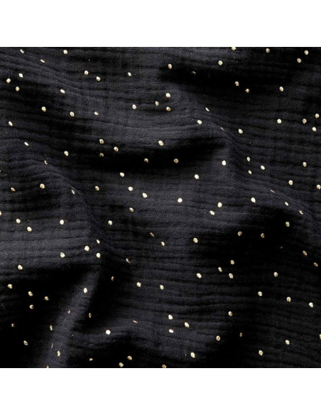 Tejido de doble gasa de algodón con mini lunares dorados - Negro
