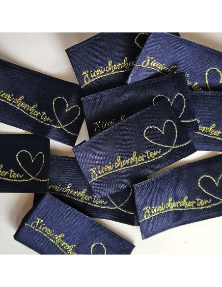 Lote de 5 etiquetas tejidas para coser Iré a buscar tu corazón - Marino