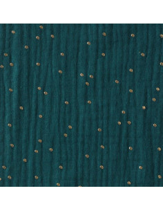 Tejido de doble gasa de algodón con mini lunares dorados - Pavo real
