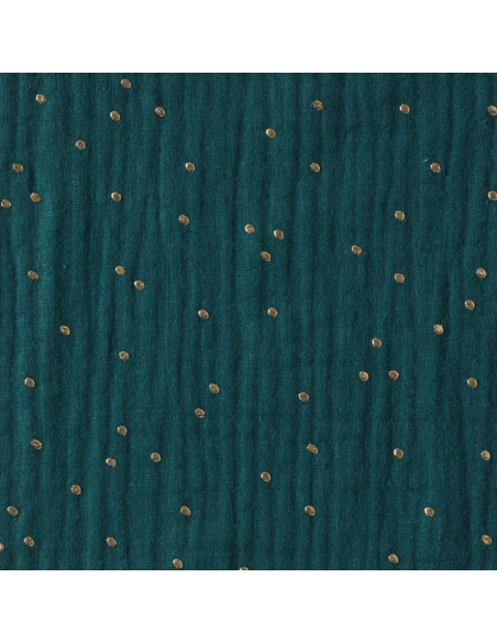 Tejido de doble gasa de algodón con mini lunares dorados - Pavo real