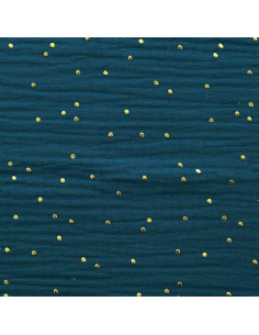Tejido de doble gasa de algodón con mini lunares dorados - Pavo real 2