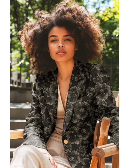 Tejido jacquard - Flores negras