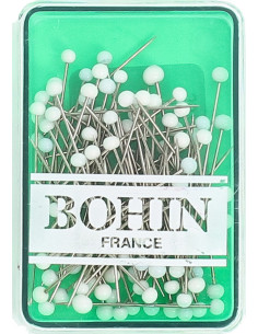 Caja de 80 alfileres extrafinos con cabeza de vidrio blanca Bohin