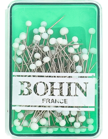 Caja de 80 alfileres extrafinos con cabeza de vidrio blanca Bohin