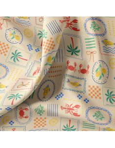 Tissu coton déperlant - Cagli écru et bleu