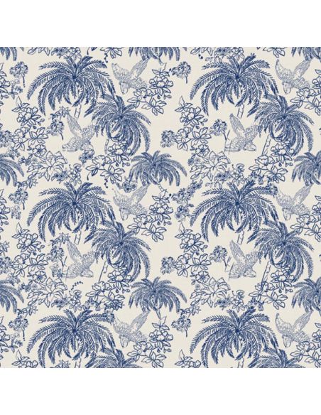 Tissu toile de Jouy demi-natté – Grande largeur – Palme indigo