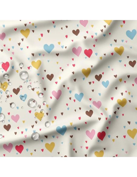 Tissu imperméable pour ciré - Tiamo écru et coeurs multicolore