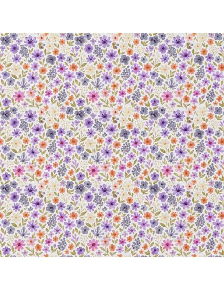 Tissu popeline de coton - Rozen blanc et violet