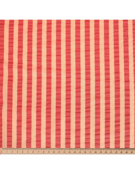Tissu Seersucker à rayures larges - Abricot et cerise