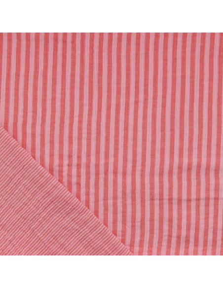 Tissu double gaze gaufrée rayures - Rose et cerise