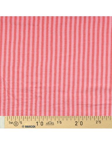 Tissu double gaze gaufrée rayures - Rose et cerise