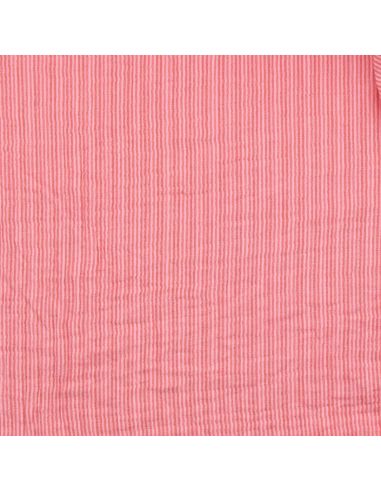 Tissu double gaze gaufrée rayures - Rose et cerise
