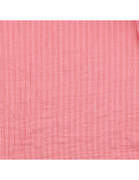 Tissu double gaze gaufrée rayures - Rose et cerise