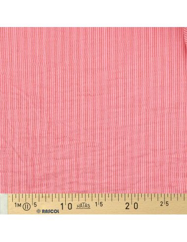 Tissu double gaze gaufrée rayures - Rose et cerise