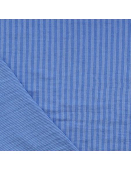 Tissu double gaze gaufrée rayures - Bleu et bleu ciel