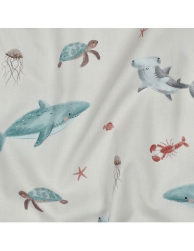 Tissu popeline de coton fonds marins - Blanc cassé