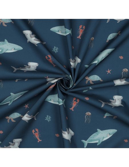 Tissu popeline de coton fonds marins - Bleu pétrole