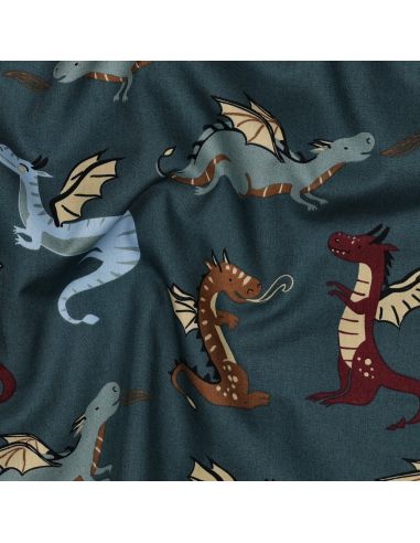 Tissu popeline de coton dragons - Bleu pétrole foncé