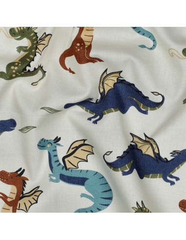 Tissu popeline de coton dragons - Blanc cassé