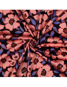 Tissu coton effet satiné - Fleurs saumon