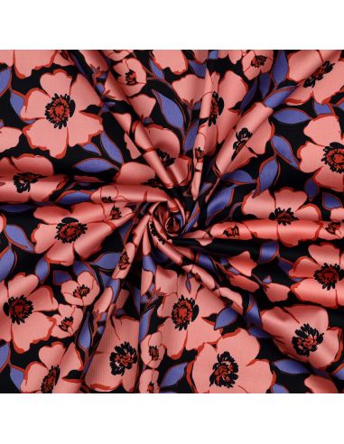 Tissu coton effet satiné - Fleurs saumon