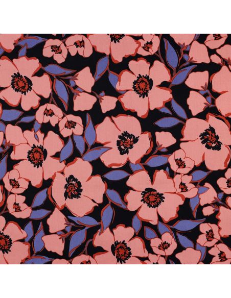 Tissu coton effet satiné - Fleurs saumon