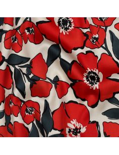 Tissu coton effet satiné - Fleurs rouges 2