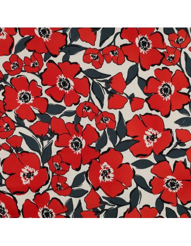 Tissu coton effet satiné - Fleurs rouges