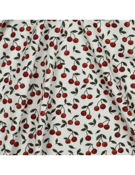Tissu jersey coton maille côtelé - Cerises fond blanc cassé