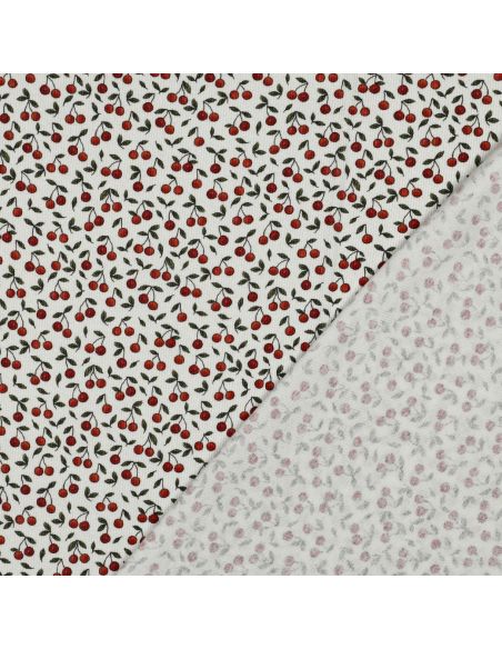 Tissu jersey coton maille côtelé - Cerises fond blanc cassé