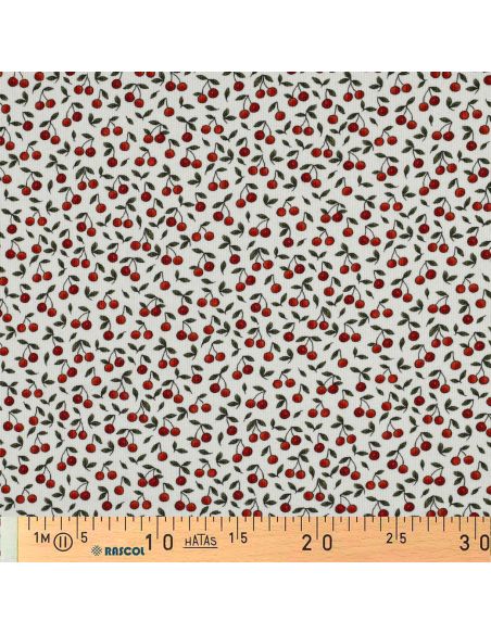 Tissu jersey coton maille côtelé - Cerises fond blanc cassé
