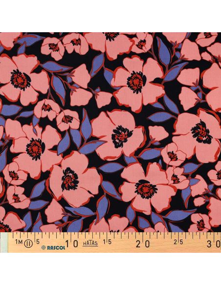 Tissu coton effet satiné - Fleurs saumon