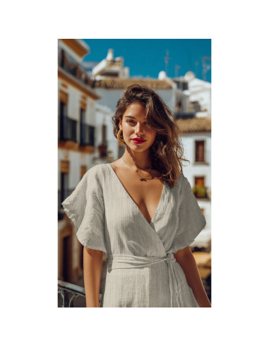 Tissu lin viscose lurex à rayures - Écru