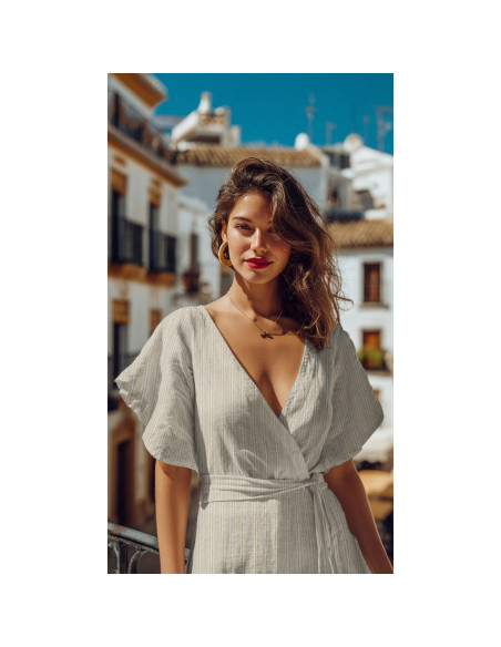 Tissu lin viscose lurex à rayures - Écru