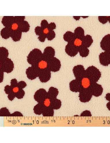 Tissu fourrure Teddy - Grosses fleurs burgundy
