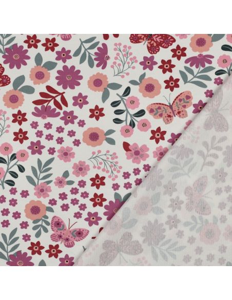 Tissu sweat léger Papillon et fleur - Rose fond blanc