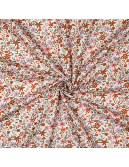 Tissu popeline de coton Cassandre - Fleurs roses et oranges fond blanc