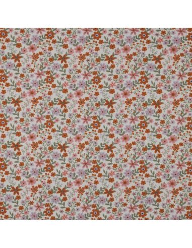 Tissu popeline de coton Cassandre - Fleurs roses et oranges fond blanc