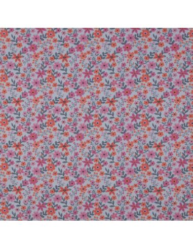Tissu popeline de coton Cassandre - Fleurs roses et oranges fond bleu clair