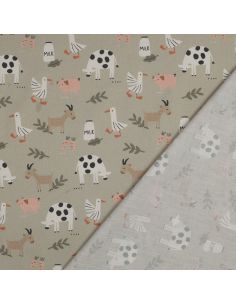 Tissu popeline de coton à la ferme - Animaux fond beige