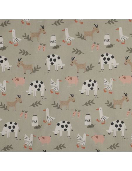 Tissu popeline de coton à la ferme - Animaux fond beige